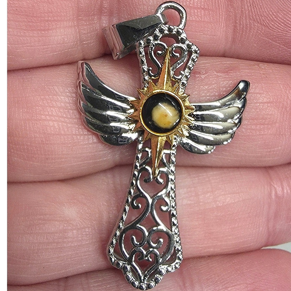 Michael Anthony VIntage Stainless Steel Nativity Stone Cross Pendant Angel Wings